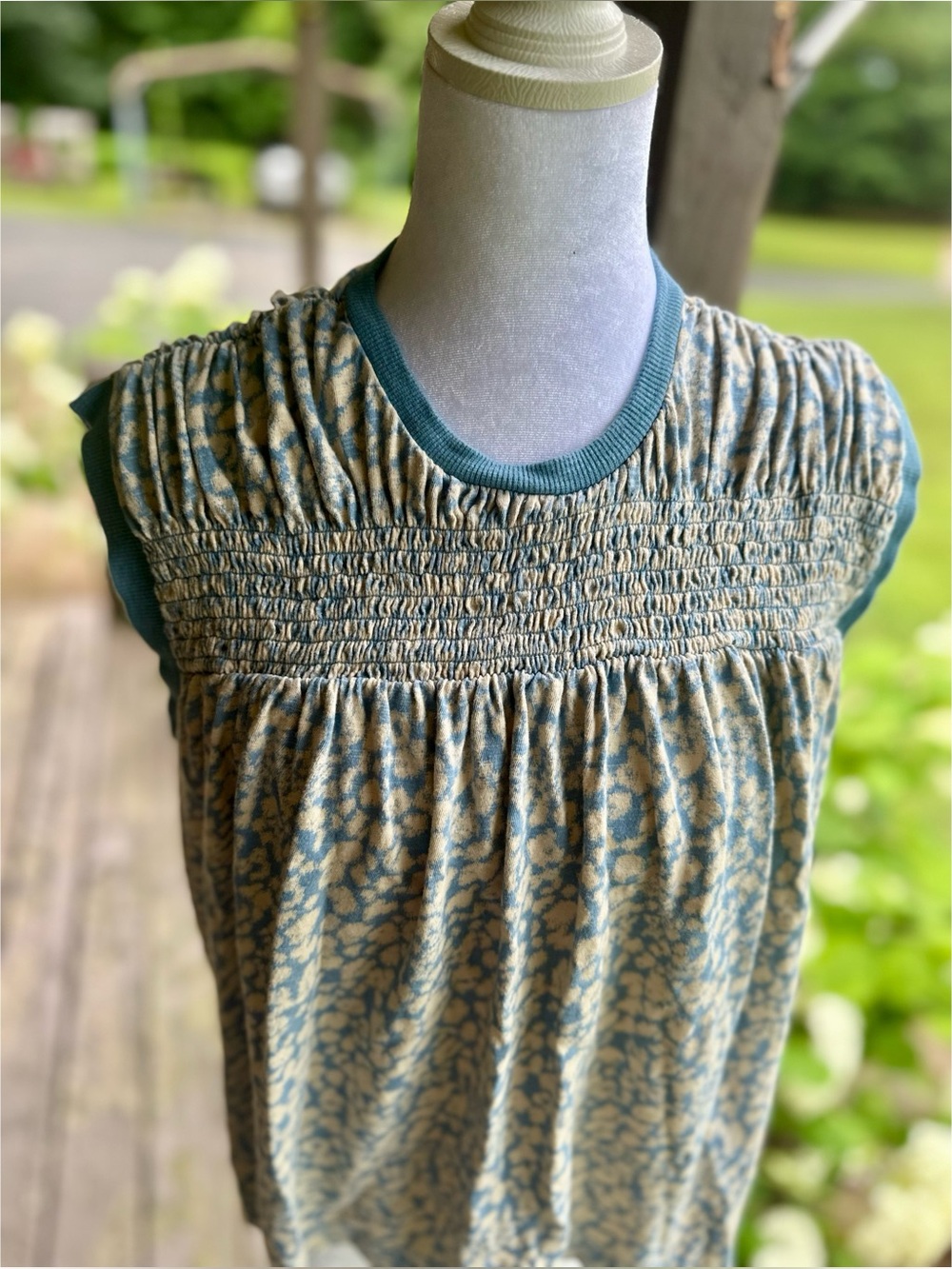Anthropologie Blue and Cream Smocked Cap-Sleeve Top
